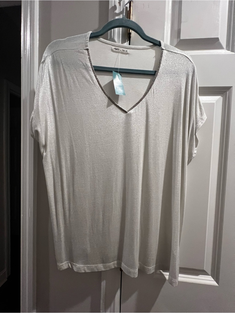Maurices Silver-White Shimmery V-Neck Short Sleeve Top